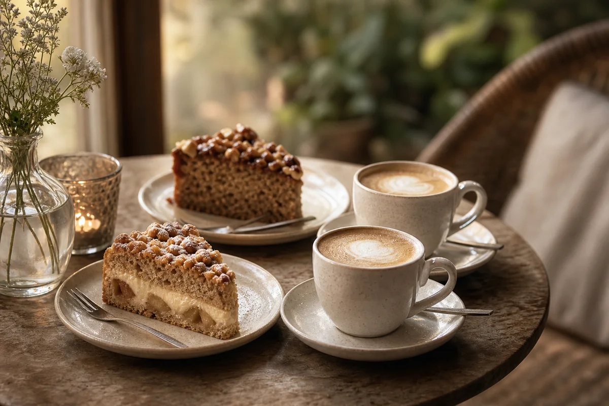 Twee koppen koffie met twee stukken gebak op een sfeervolle tafel