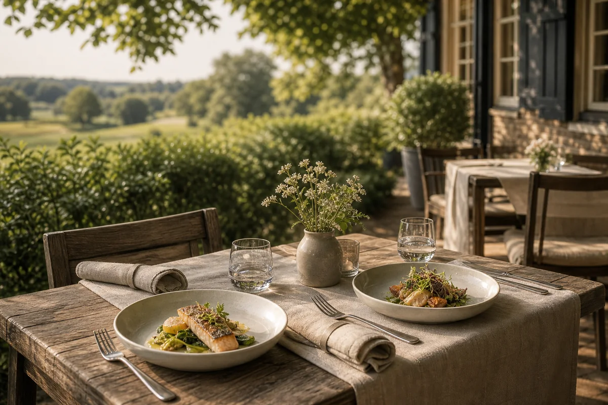 Romantisch gedekte lunchtafel voor twee op een groen terras